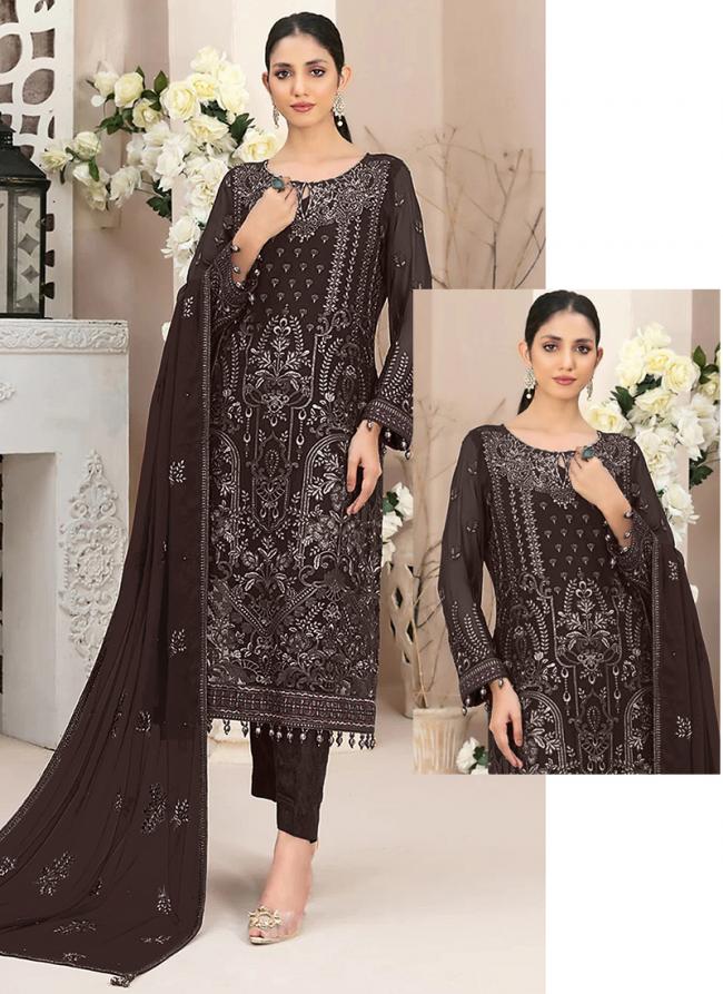 Georgette Dark Brown Eid Wear Embroidery Work Pakistani Suit